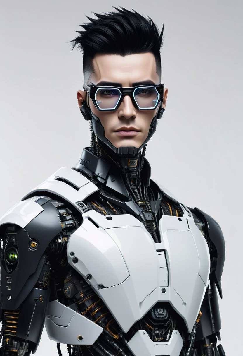 Male robot body hair with black-rimmed glasses with undercut hair, Look to the camera ::futuristic cyberpunk style ,realistic styling ::n_digital painting style, robotic parts, face perfect::seed 1、Black Edged Hair、large nose、Black-based clothing, photo by full body, White background