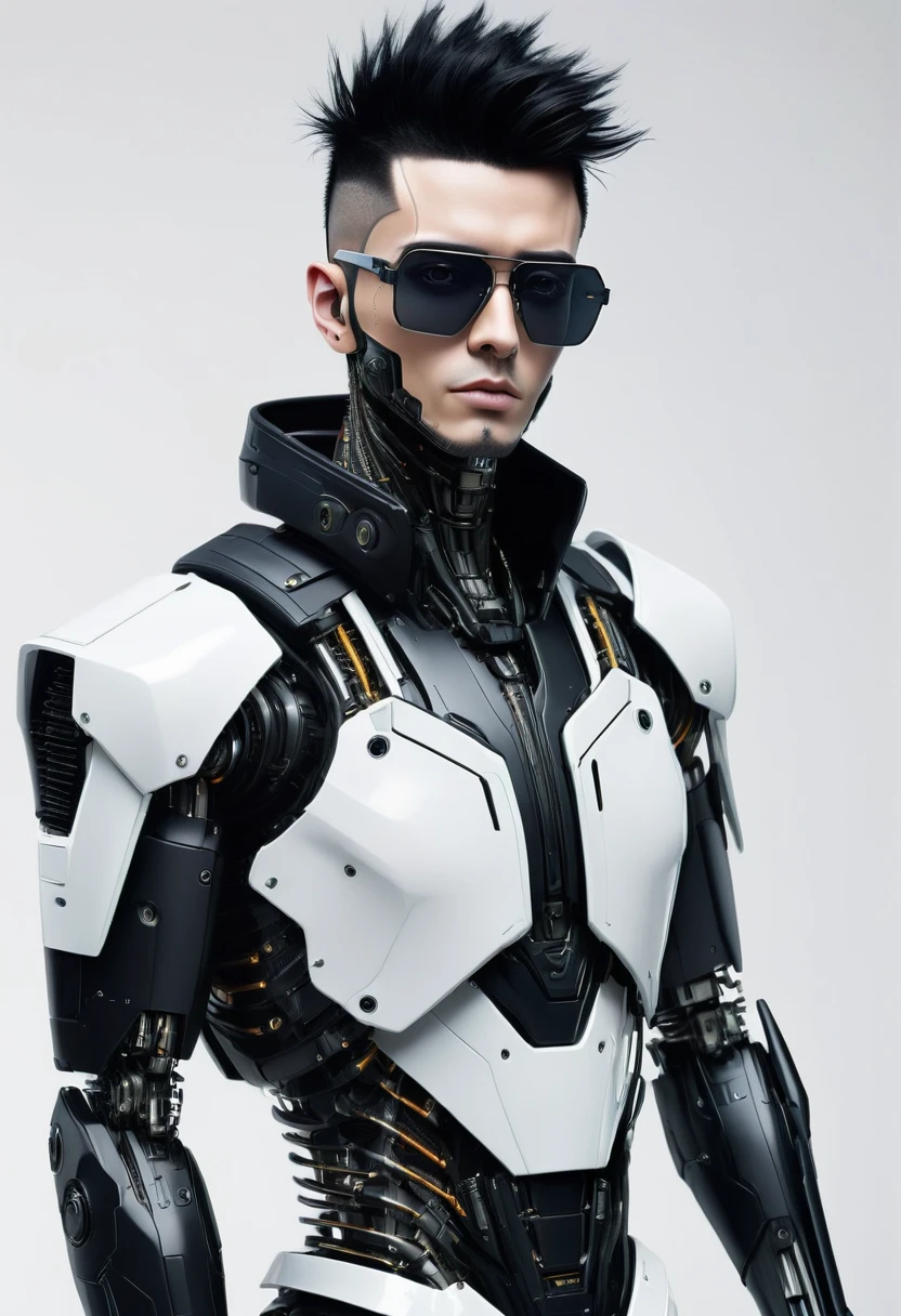 Male robot body hair with black-rimmed glasses with undercut hair, Look to the camera ::futuristic cyberpunk style ,realistic styling ::n_digital painting style, robotic parts, face perfect::seed 1、Black Edged Hair、large nose、Black-based clothing, photo by full body, White background