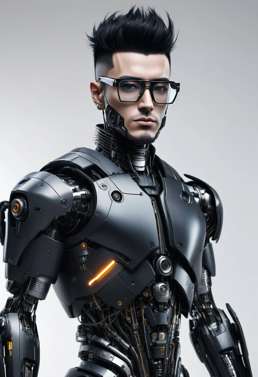 Male robot body hair with black-rimmed glasses with undercut hair, Look to the camera ::futuristic cyberpunk style ,realistic styling ::n_digital painting style, robotic parts, face perfect::seed 1、Black Edged Hair、large nose、Black-based clothing, photo by full body, White background