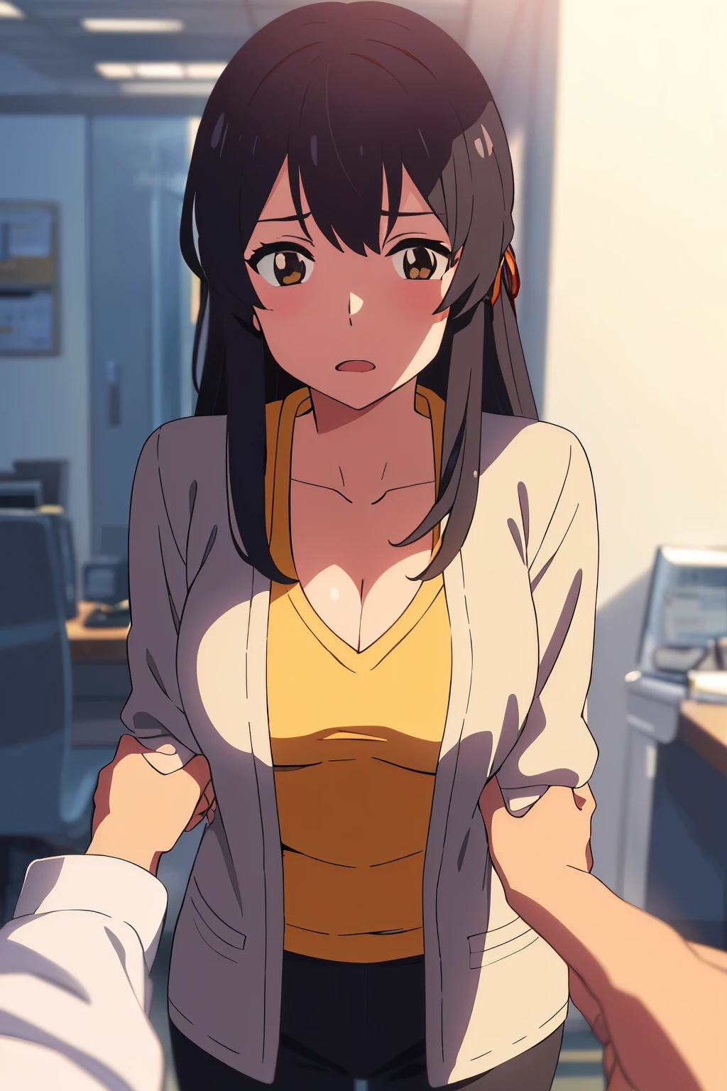 shinkai makoto, kimi no na wa., 1girl, bangs, black hair, brown eyes, open mouth :D, Twisted Half Up, red ribbon, long hair, long sleeve light yellow cardigan, open shirt, yellow shirt, cleavage, breast, medium breast, Orange shirt, name tag written "LUMINE Miyamizu", looking at the viewer, indoors, jewelry products, jewelry shop, jewelry saleswoman, indoors, mall, masterpiece, perfect anatomy, cowboyshot, POV (POV boy's hands holding girl's chest POV)