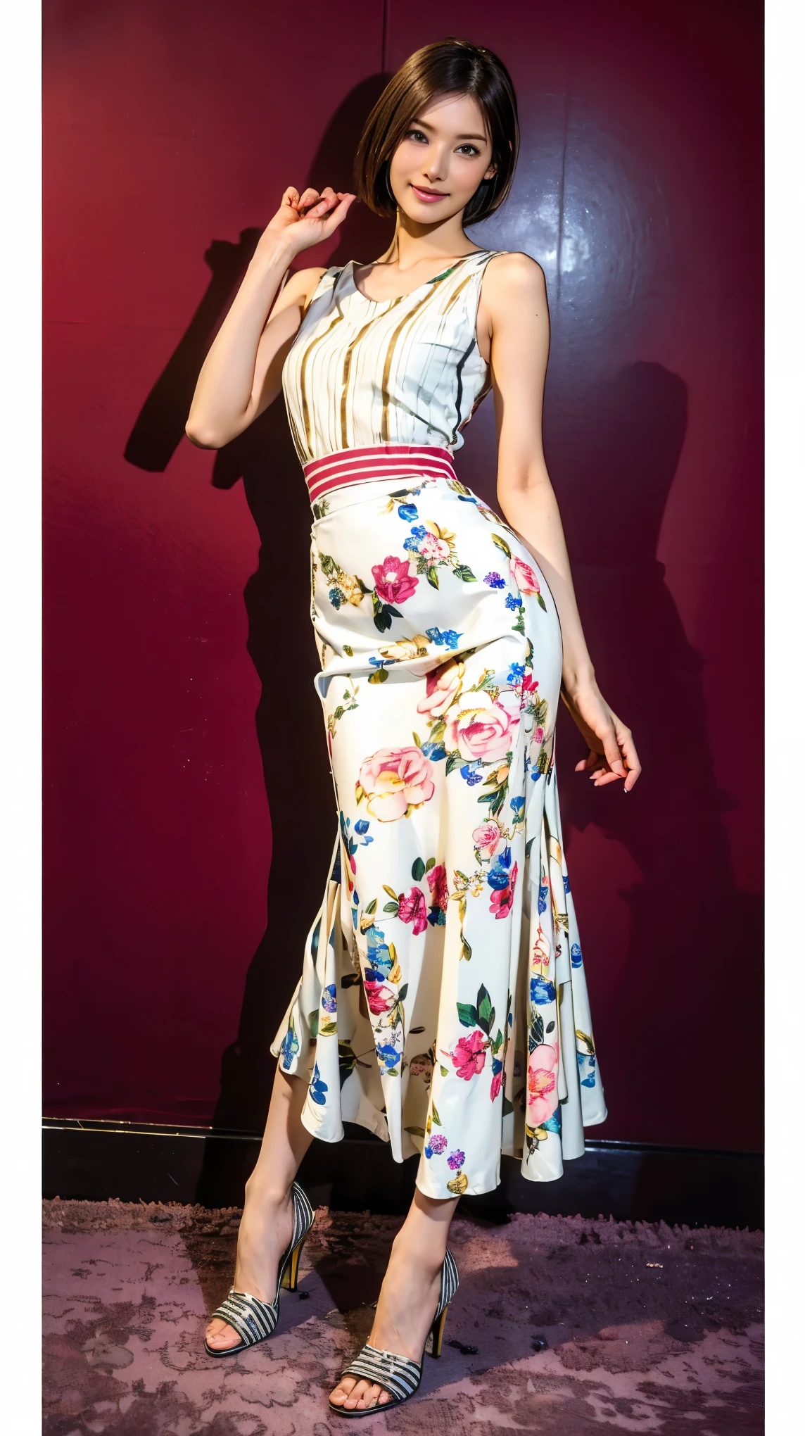 ((masterpiece)),(((Highest quality))),Thin thighs,Long legs,whole body:1.5，(One Girl:1.3),(Black pantyhose and thick pointy heels：1.3),(Wearing a floral long skirt dress:1.2),Short Blonde:1.2、Model pose，