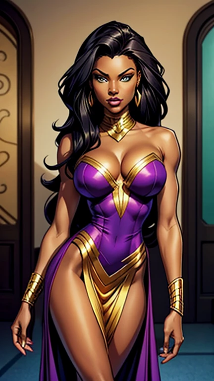 black girl, ebony skin. purple long hair.  Green eyes.  Slender, athletic and elegant build. Elegant golden dress. stunningly beautiful, most beautiful women ever. Busty. skinny, slim Marvel comics style