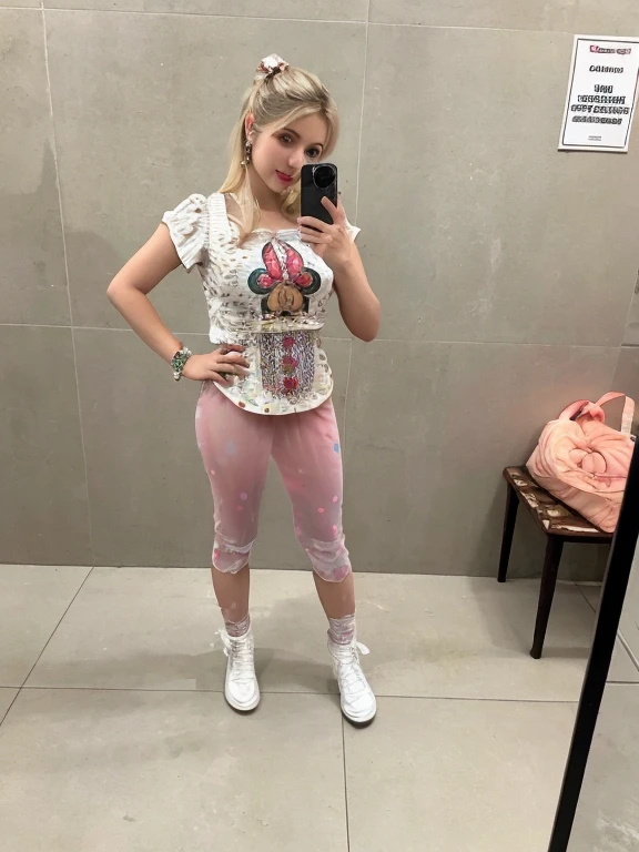 (best qualityer, 8K, work of art, ultra detali),Cores vintage,25 year old pin-up woman,straight blonde hair,bangss,beautifull detailed face, big eyelashes,hypdertailed,small smiling,jewelery,((((printed summer dresses)))),ribbons-garters,Photographic Studio Scenario
