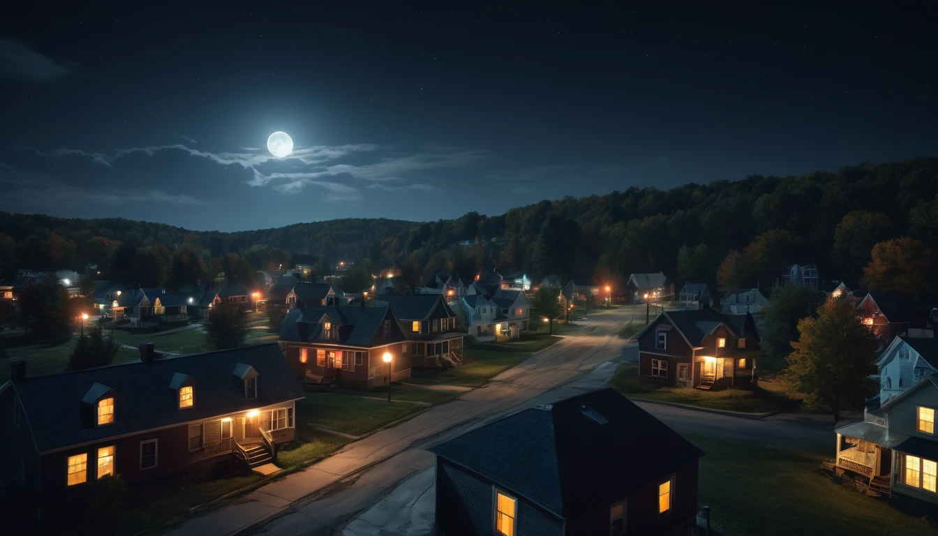 A scary horror image of a small town in the northeast at night , PICTURE REALISTIC, high resolution, 8K