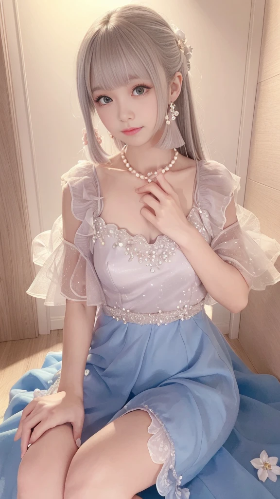 Sweet Girls Clothes 2,Pearl Necklace,Blue Dress,flower,Realistically, high resolution, 1 female, Solitary, (Delicate face), Brown hair, blue eyes、beautiful 、cleveage、mix4, (Best Illustration Award: 1.1), (The best shadow: 1.1), Express、Radiant skin。Practical、(Reality:1.37)、(Korean pop idol)、Messy hair、Medium Length Hair、(Pink blush)、(illuminate)、(solo)、Dynamic poses、(Thin legs)、North African Trade Zone、Very detailed content ambient occlusion、超high resolution, 超Practical, Very detailed content