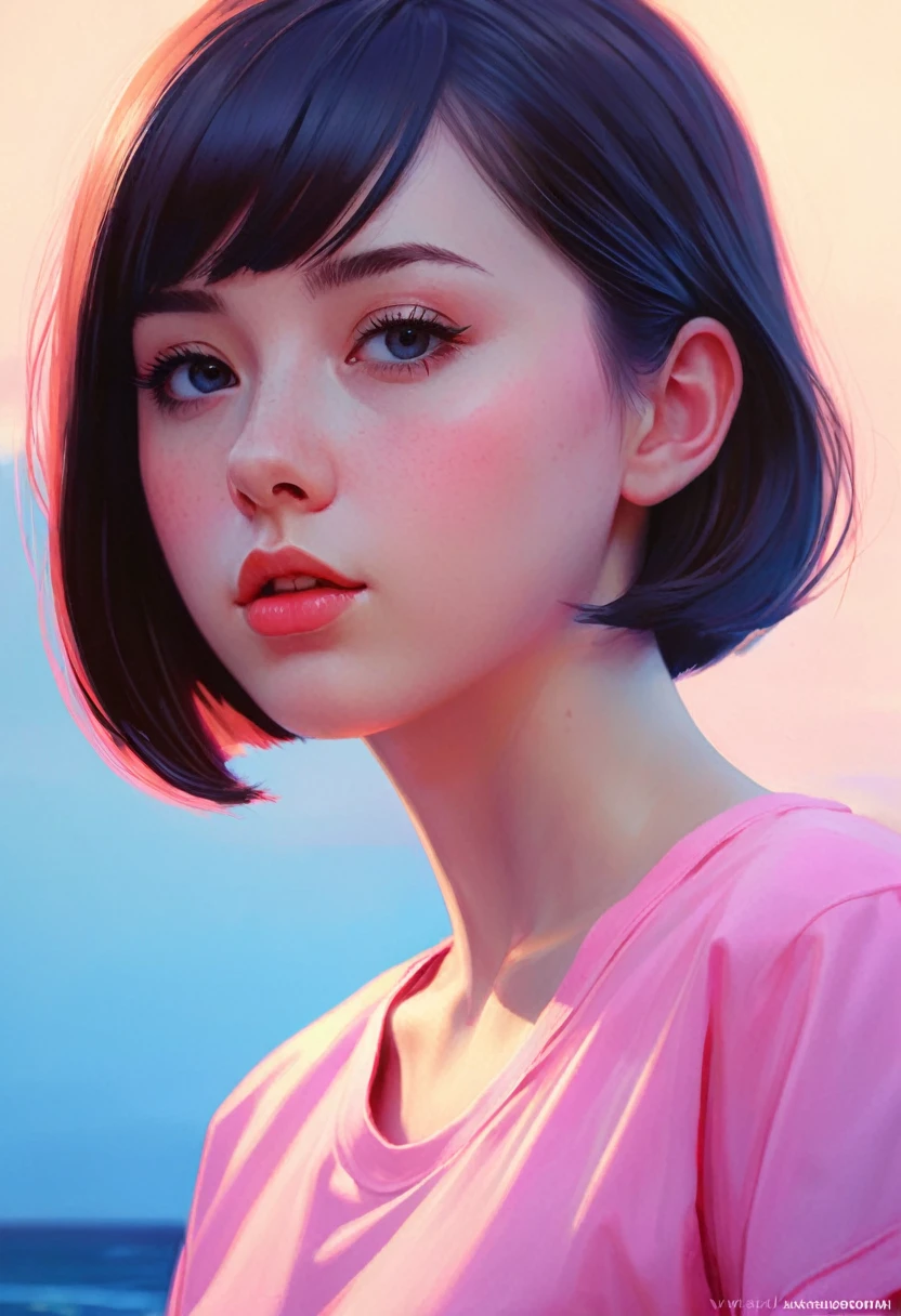 a closeup of a woman wearing a pink shirt and blue shorts, una pintura digital de Ilya Kuvshinov, cgsociety contest winner, digital art, realistic painting cute girl, pink girl, beautiful digital painting, digital art Ilia Kuvshinov, Ilia Kuvshinov. 4k, beautiful digital painting, Bright digital painting, beautiful character painting