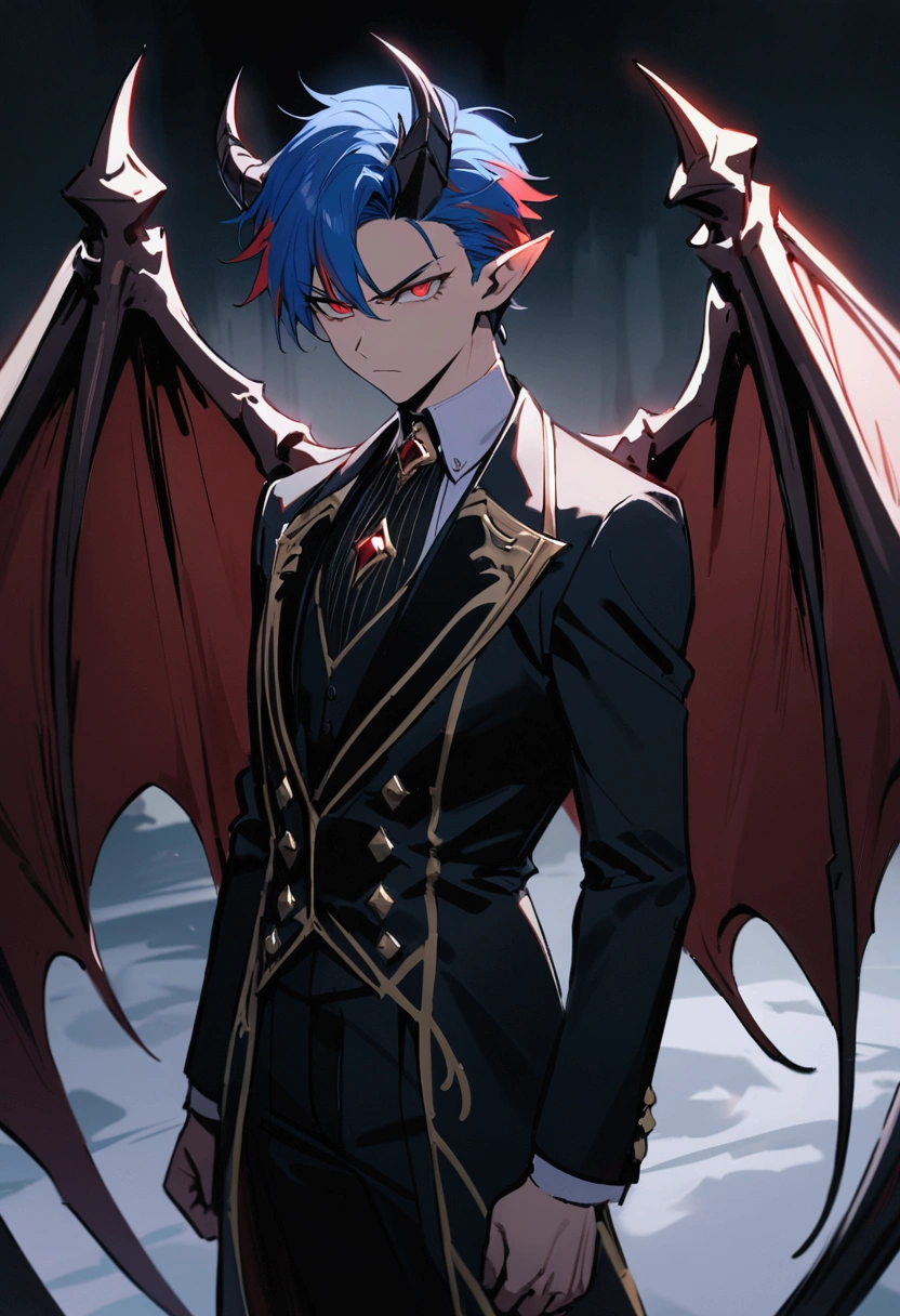 Masterpiece, detailed, Best Quality , 1 chico, masculine , blue hair and red hair , multicolored hair , 18 years, YOUNG, high , gabardina elegant , demonic horns ,dragon wings , short hair , serious expression , pointed ears , elegant , whole body , standing , Red eye , strong