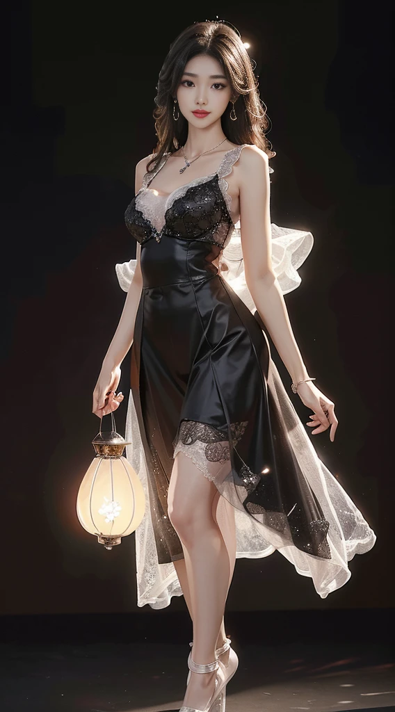 skirt, ((Shot in the knee)), 8K, masterpiece, original photo, best quality, detail:1.2), ((Shoot at random angles)), lifelike, Extremely detailed CG unified 8K wallpapers, Depth of Field, lamp, lens flare, Ray Tracing, (Extremely beautiful face, Beautiful lips, beautiful eyes), intricate detail face, ((ultra detailed skin)) 1 girl, in the darkness, Deep Shadows, Beautiful Korean girl, Korean Idol,(Very slim figure:1.3), Full breasts, (A bright smile), (City night, (霓虹lamp), (night), Beautiful Korean girl, White Diamond Earrings, Bracelet diameter, Deya Necklace, Pantyhose, Clear eyes, Walk, (big eyes), ((Lace))