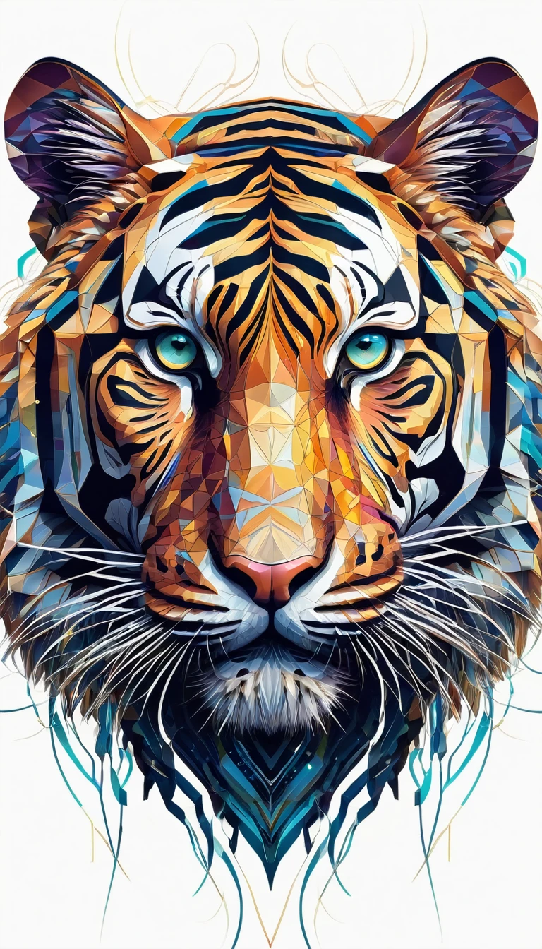 An intricate digital artwork of a tiger, designed and created by AI. The tiger's form is composed of abstract geometric shapes, vibrant colors, and flowing lines that give it a dynamic, almost surreal appearance. Its fur is represented by complex patterns of circuitry and data streams, symbolizing its AI origin. The tiger's eyes are glowing with an intelligent light, reflecting the essence of artificial intelligence. The background is a blend of futuristic digital landscapes and abstract designs, emphasizing the blend of art and technology in the tiger's creation