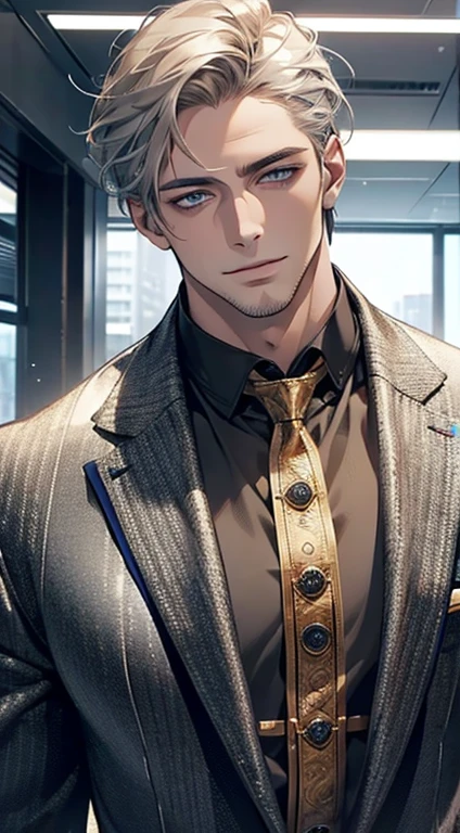 (best quality,4k,8k,highres,masterpiece:1.2),ultra-detailed,(realistic,photorealistic,photo-realistic:1.37),1 man,31 years old,mature man,very handsome,without expression,smile,short grey golden hair,blue eyes,penetrating gaze,perfect face without errors,imposing posture,businessman,office background,cinematic lighting,hdr image