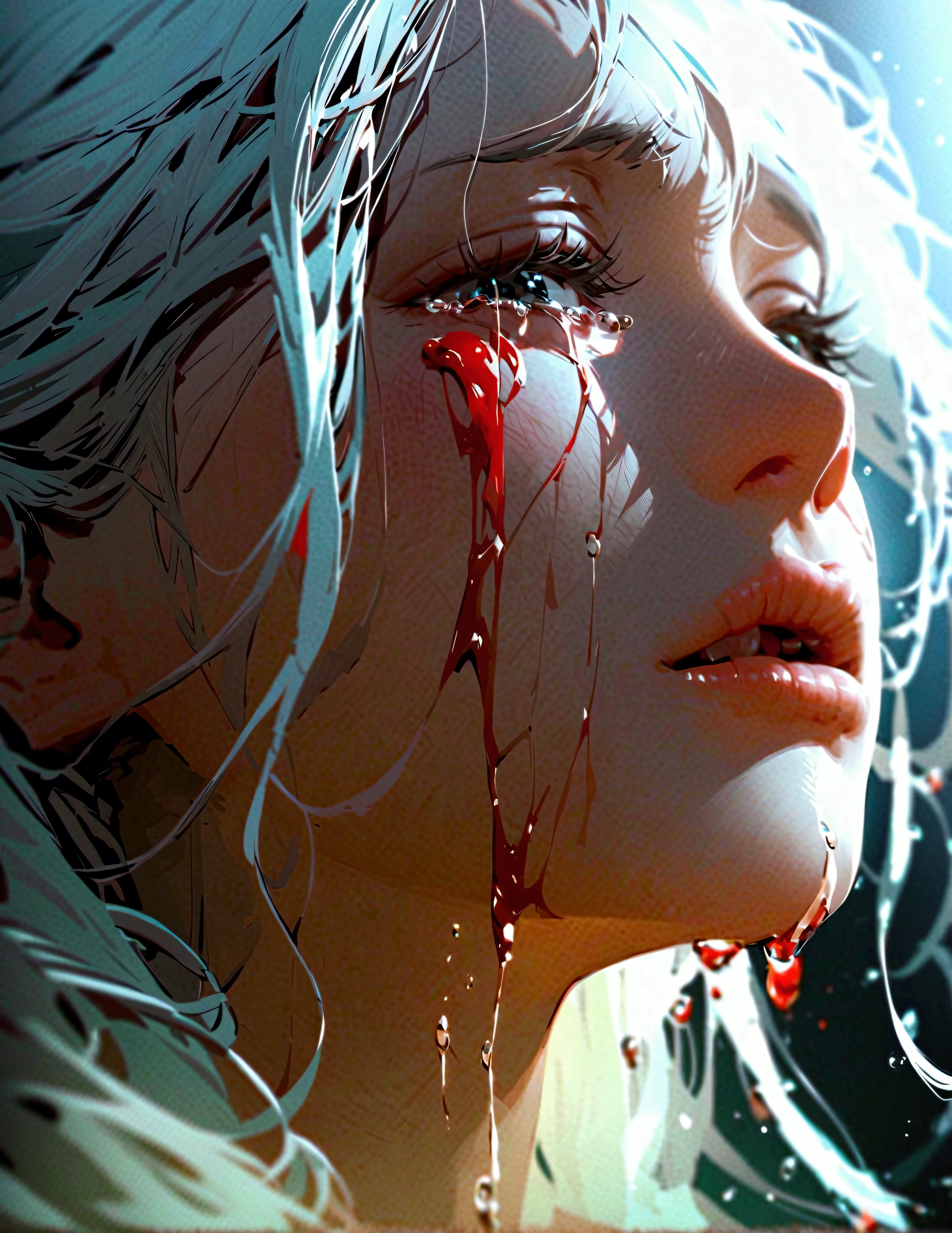 Portrait of a beautiful woman, cried, sad, tears of blood, suffering,only part of the face, long white hair,