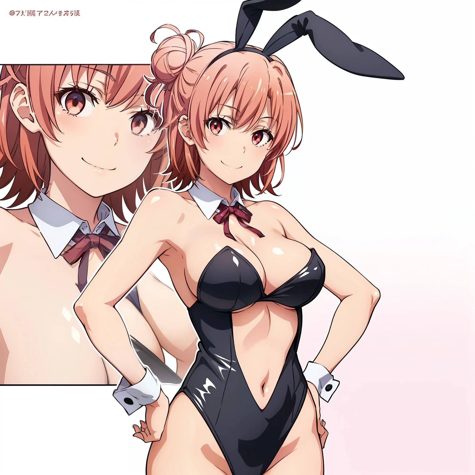 ((masutepiece, Best Quality, hight resolution, nffsw, Perfect Pixel, depth of fields, 4K, )), 1girl in, Solo, , Beautiful anime girl, Beautiful Art Style, close up, Looking at Viewer, cowboy shot, Perfect body, Yuigahama Yui, Short hair, pink hair, hairbun, (large boob), sideboob, black playboy bunny outfit, smile, hands on hips, blank white background