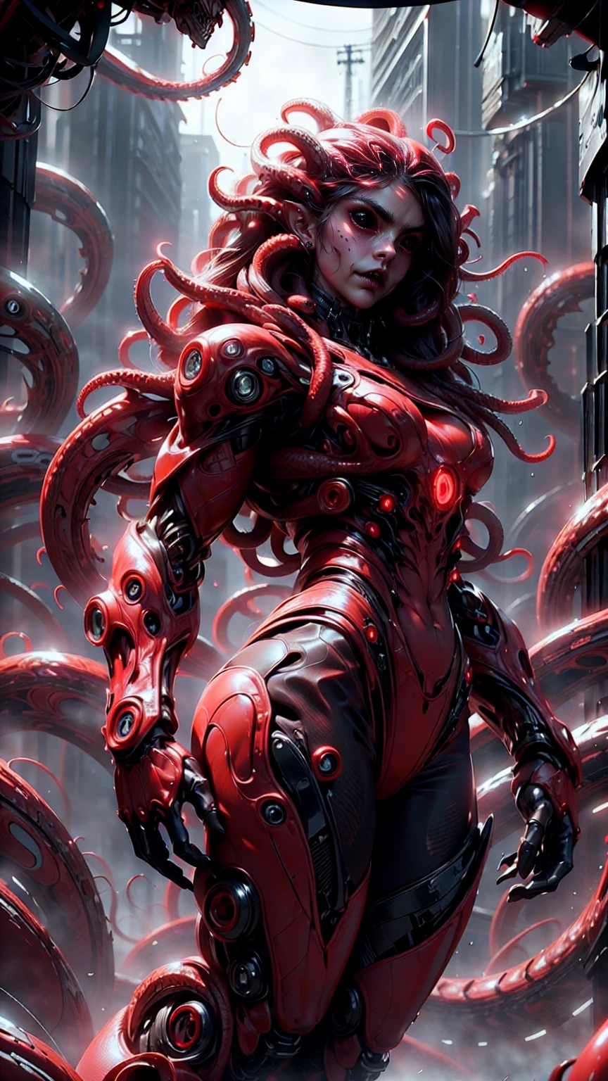 (beautiful girl:1.25), (megan fox:1.25), (young bodybuilder girl wearing cybernetic muscle suit:1.25), (medusa head with tentacles:1.25), carnage muscular physique, seductive face, mouth wide open carnage style, long red hair, perfect muscular body, super skinny legs, sissy, femboy, (carnage style physique)