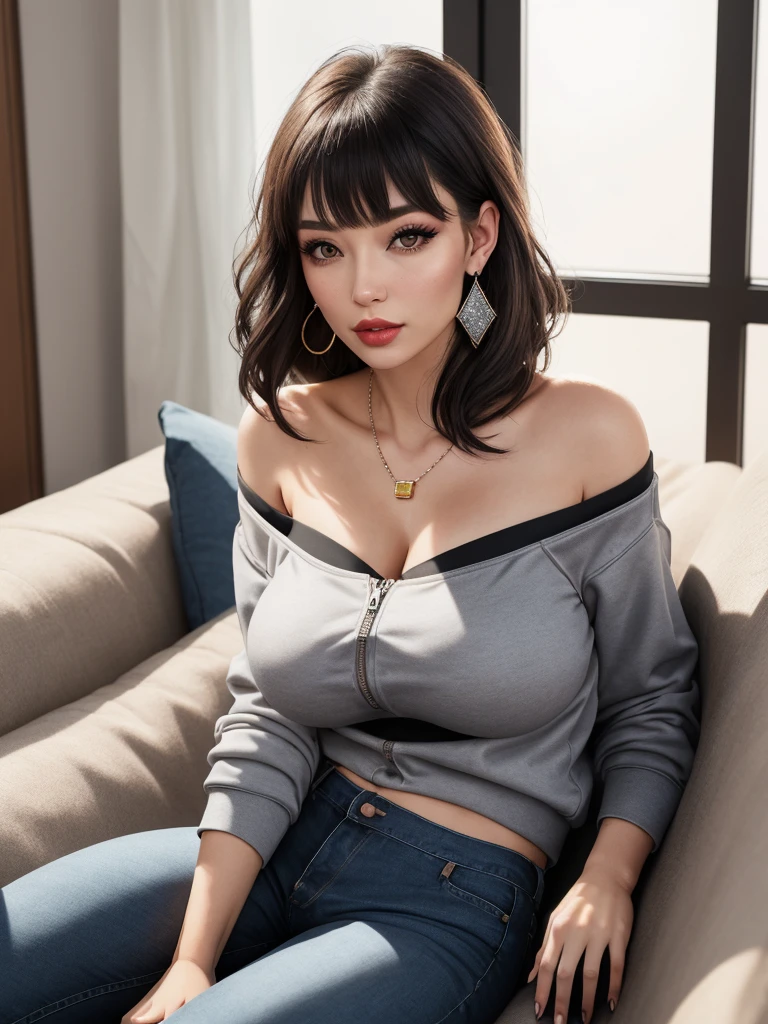 35-year-old woman with European facial features, gray shoulder-length hair, bangs, makeup, earrings and jewelry, eyelashes, black blouse with a low neckline, unzipped gray sweatshirt, large breasts, jeans pants, sitting on the sofa, looking at the viewer, tinted room, close-up