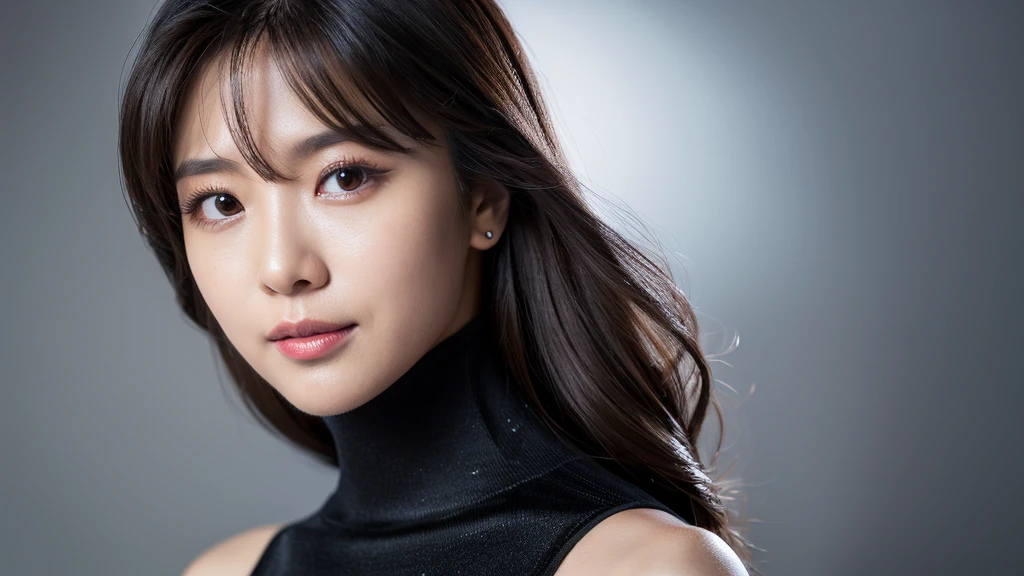 (Detailed face),(vivid),Turtleneck thin(Silver)Clothes,4K,Ultra-high resolution,（Photorealistic：1.7）,Black long hair,Gray background,
