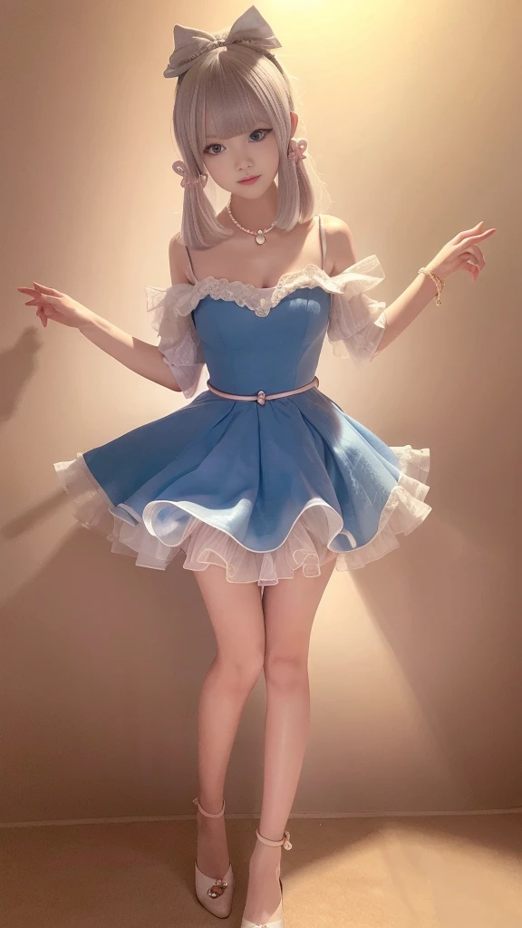 Sweet Girls Clothes 2,Pearl Necklace,Blue Dress,flower,Realistically, high resolution, 1 female, Solitary, (Delicate face), Brown hair, blue eyes、beautiful 、cleveage、mix4, (Best Illustration Award: 1.1), (The best shadow: 1.1), Express、Radiant skin。Practical、(Reality:1.37)、(Korean pop idol)、Messy hair、Medium Length Hair、(Pink blush)、(illuminate)、(solo)、Dynamic poses、(Thin legs)、North African Trade Zone、Very detailed content ambient occlusion、超high resolution, 超Practical, Very detailed content