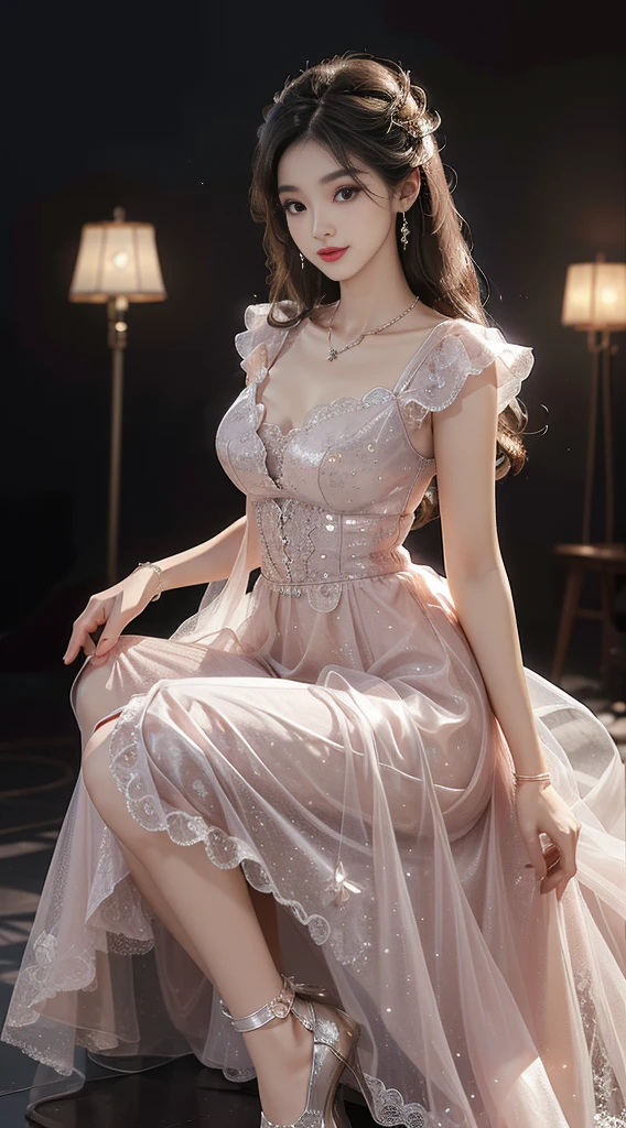skirt, ((Shot in the knee)), 8K, masterpiece, original photo, best quality, detail:1.2), ((Shoot at random angles)), lifelike, Extremely detailed CG unified 8K wallpapers, Depth of Field, lamp, lens flare, Ray Tracing, (Extremely beautiful face, Beautiful lips, beautiful eyes), intricate detail face, ((ultra detailed skin)) 1 girl, in the darkness, Deep Shadows, Beautiful Korean girl, Korean Idol,(Very slim figure:1.3), Full breasts, (A bright smile), (City night, (霓虹lamp), (night), Beautiful Korean girl, White Diamond Earrings, Bracelet diameter, Deya Necklace, Pantyhose, Clear eyes, Walk, (big eyes), ((Lace))