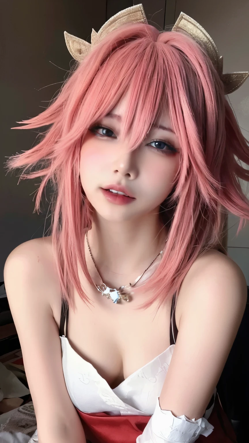 (masterpiece:1.3),best quality,high resolution,unity 8k wallpaper,(illustration:1),perfect lighting,photo_\(medium\),photorealistic,realistic,finely detail,extremely detailed,soft lighting and shadow,soft yet striking lighting,film grain:1.2,yae miko,1girl,solo,pink hair,blue eyes,portrait,long hair,fox ears,yae sakura,hair between eyes,lips,bangs,parted lips,looking at viewer,animal ears,teeth,fang,, breast grab, 