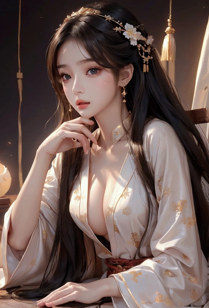 Best image quality、8K、masterpiece:1.3))、Realistic high-quality photos、Highest quality、 Beautiful face、Photos of slim models、Beautiful girl model、Young and pretty face、Beautiful model girl、A lovely and delicate face、Black Hair、Beautiful brown eyes、Young Body、Hanfu, (emphasize)、from the front、Camera gaze,、Anatomically correct、胸の谷間をemphasize、whole body、13-year-old female model