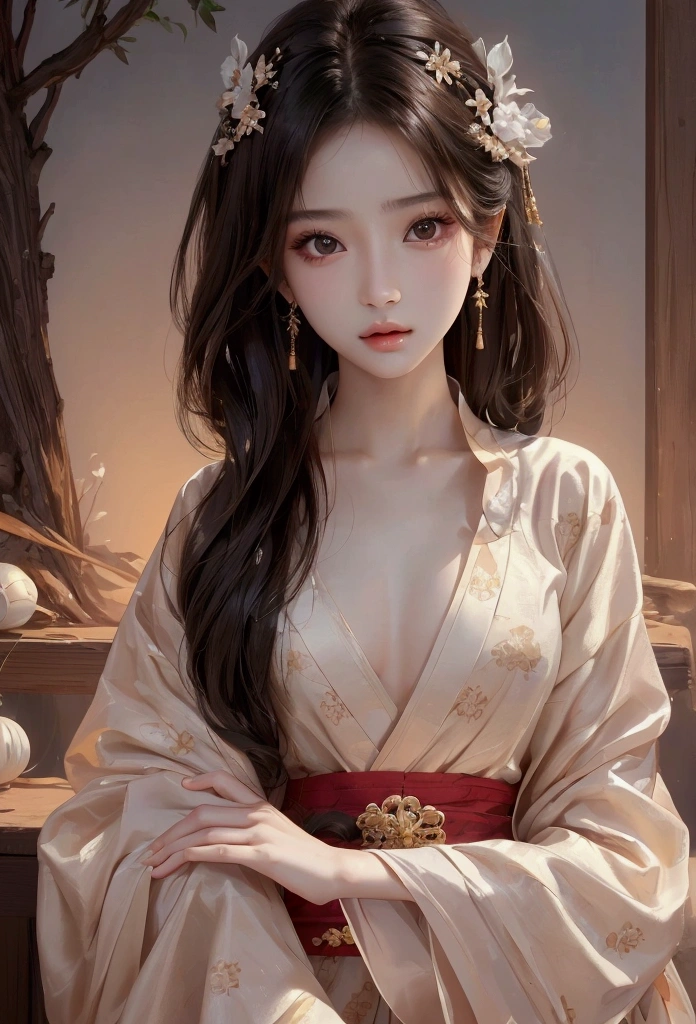 Best image quality、8K、masterpiece:1.3))、Realistic high-quality photos、Highest quality、 Beautiful face、Photos of slim models、Beautiful girl model、Young and pretty face、Beautiful model girl、A lovely and delicate face、Black Hair、Beautiful brown eyes、Young Body、Hanfu, (emphasize)、from the front、Camera gaze,、Anatomically correct、胸の谷間をemphasize、whole body、13-year-old female model