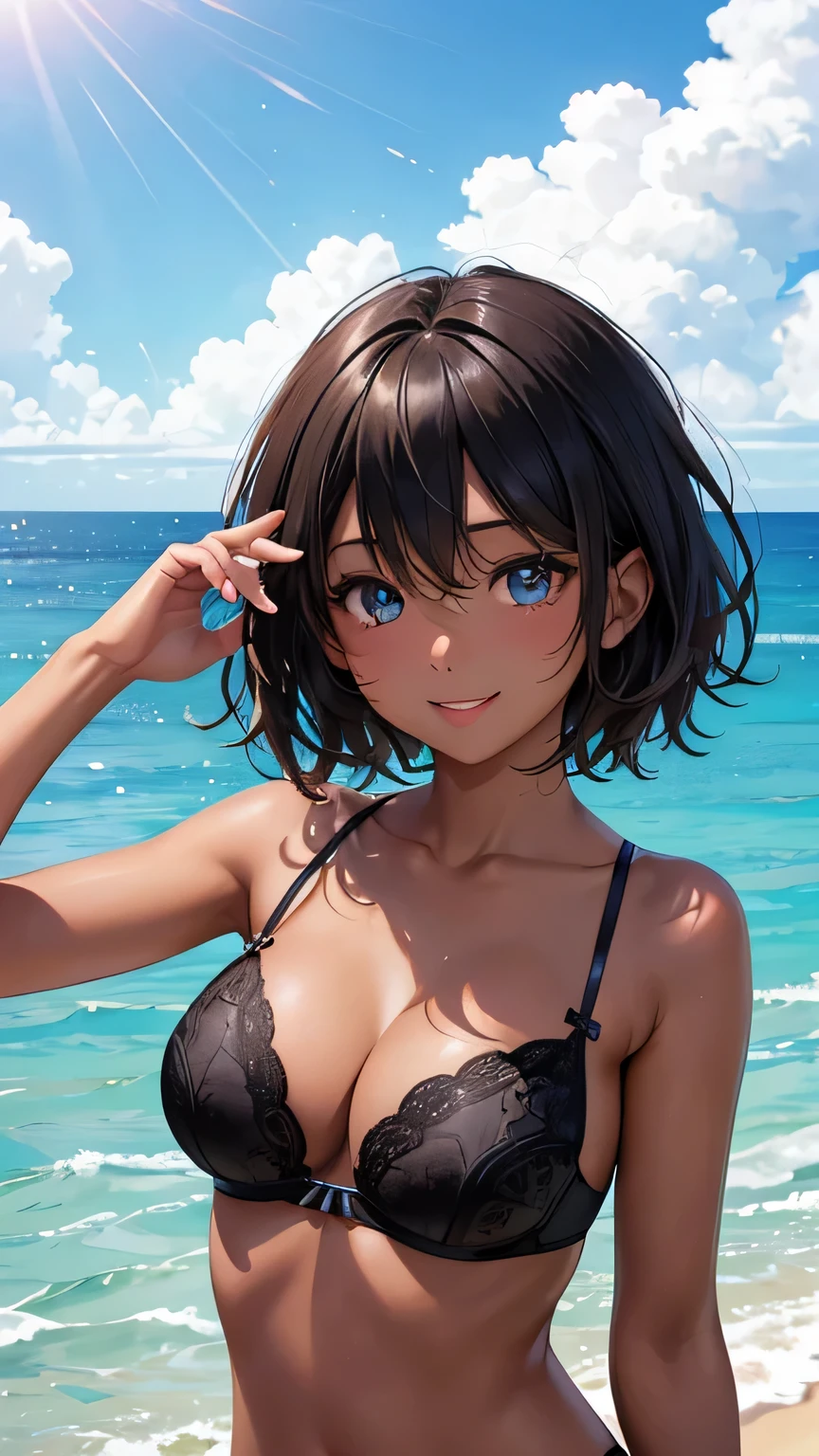 highest quality、Realistic、girl、zoom、Turquoise eyes、short hair、Bridal Lingerie、Tanned black body、Brown black skin、Dark Skin、Big 、A big smile、Summer Sea、Bust Shot、Angle from below