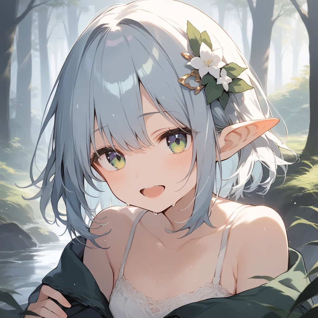 score_9, score_8_up, score_7_up, source_anime, best quality, masterpiece, official art, absurdres, highres, ultra-detailed,waifu2x,Collection: Slice of Life,break,1girl, elf, cool, short hair, slender, androgynous, small breasts, beautiful detailed eyes, green shorts, sweat, open mouth, sleepily, outdoors, forest, spring,break,(clear line illustration:1.2), super detailed skin,very high resolution, very aesthetic, Best sexual lighting powered by famous artist, 8k,cute picture,beauty illustration,photoshop_(medium),,(Detailed Lighting),best anime 8k konachan wallpaper, pixiv contest winner, 