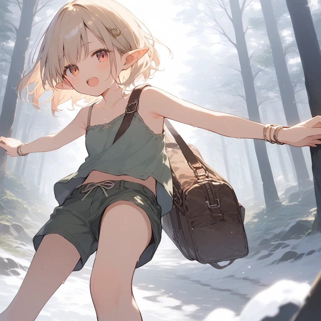 score_9, score_8_up, score_7_up, source_anime, best quality, masterpiece, official art, absurdres, highres, ultra-detailed,waifu2x,Collection: Slice of Life,break,1girl, elf, cool, short hair, slender, androgynous, small breasts, beautiful detailed eyes, green shorts, sweat, open mouth, sleepily, outdoors, forest, spring,break,(clear line illustration:1.2), super detailed skin,very high resolution, very aesthetic, Best sexual lighting powered by famous artist, 8k,cute picture,beauty illustration,photoshop_(medium),,(Detailed Lighting),best anime 8k konachan wallpaper, pixiv contest winner, 