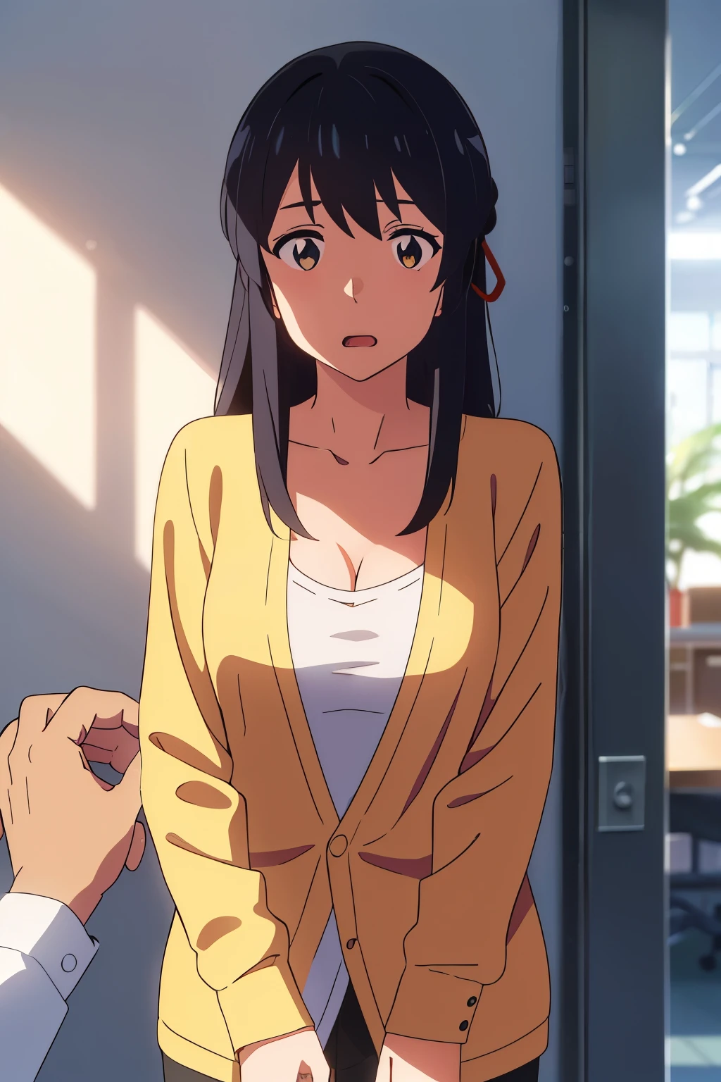 shinkai makoto, kimi no na wa., 1man, buzzut, mustache, wrinkle face, bangs swipe to te Right, office suit, man touching girl chest,chestgrope from behind, kiss cheeks, passionate hug, man is hugging from behind, 1girl, bangs, black hair, brown eyes, open mouth, Twisted Half Up, red ribbon, long hair, long sleeve light yellow cardigan, open shirt, yellow shirt, cleavage, breast, medium breast, Orange shirt, name tag written "LUMINE Miyamizu", looking at the viewer, indoors, leaning Against the wall, wall, masterpiece, perfect anatomy, cowboyshot, POV (POV boy's hand breastgroping POV)