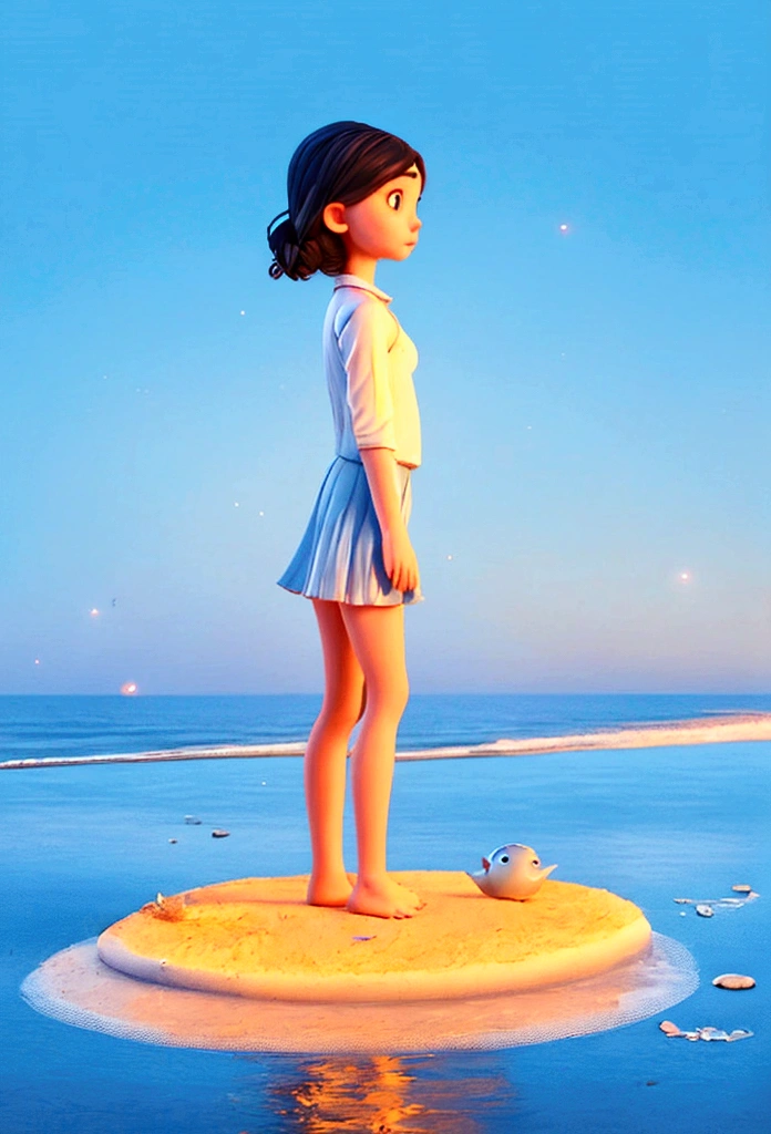 a girl standing with one foot in the water, night, thin clothes, girl standing, girl sideways, girl between the horizon and the sea, view from the side, ripples from her toes, over the sea, night, everything glowing, meteor shower