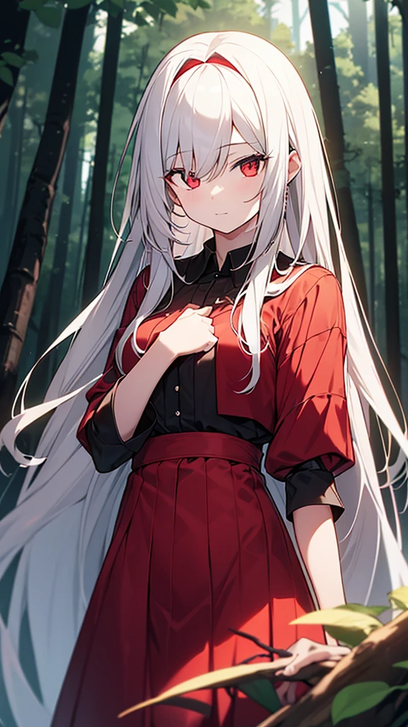 Beautiful girl with long white hair, Fair skin, And red eyes, In the woods with cinematic lighting, It's dark and there's little light. She is wearing a golden white dress, Her eyes were focused, Looking at the audience. Her skin is white, Her face was delicate and perfect., masterpiece, Top quality artwork. This image is an incredibly detailed 8K CG wallpaper., Cinematic tones with artistic cinema lighting and neutral filters.