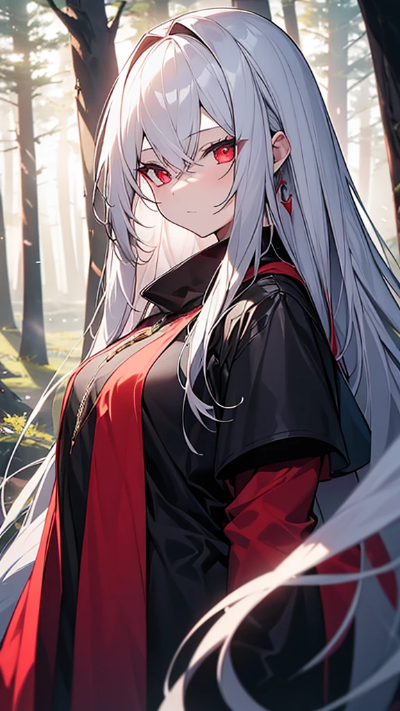 Beautiful girl with long white hair, Fair skin, And red eyes, In the woods with cinematic lighting, It&#39;s dark and there&#39;s little light. She is wearing a golden white dress, Her eyes were focused, Looking at the audience. Her skin is white, Her face was delicate and perfect., masterpiece, Top quality artwork. This image is an incredibly detailed 8K CG wallpaper., Cinematic tones with artistic cinema lighting and neutral filters.