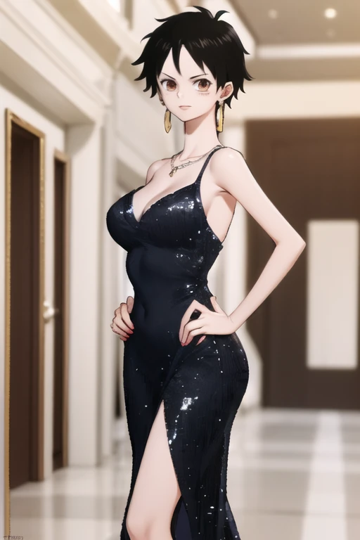 (masterpiece, best quality), beautiful face,  monkey_d_luffy, Luffy female, straw hat, scar, scar under eye, genderswap, brown eyes, short black hair, elegant sleeveless dress, diamond necklace, emerald earrings, in the hall