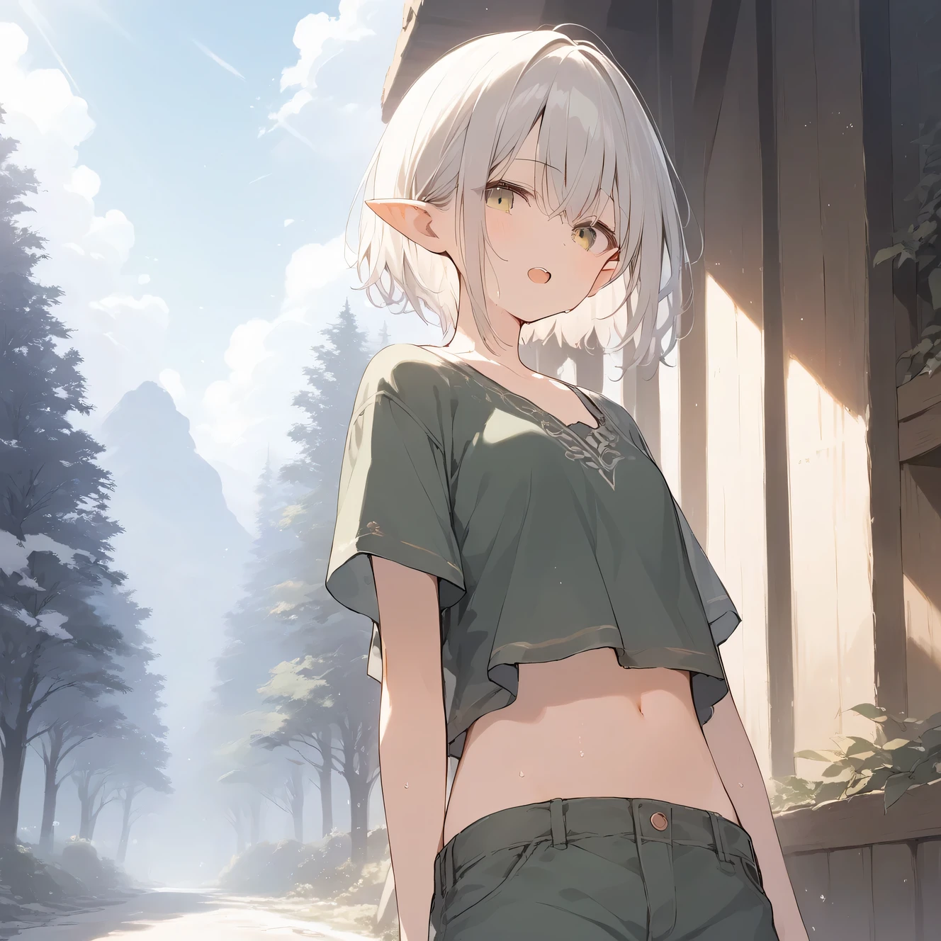 score_9, score_8_up, score_7_up, source_anime, best quality, masterpiece, official art, absurdres, highres, ultra-detailed,waifu2x,Collection: Slice of Life,break,1girl, elf, cool, short hair, slender, androgynous, small breasts, beautiful detailed eyes, green shorts, sweat, open mouth, sleepily, outdoors, forest, spring,break,(clear line illustration:1.2), super detailed skin,very high resolution, very aesthetic, Best sexual lighting powered by famous artist, 8k,cute picture,beauty illustration,photoshop_(medium),,(Detailed Lighting),best anime 8k konachan wallpaper, pixiv contest winner, 