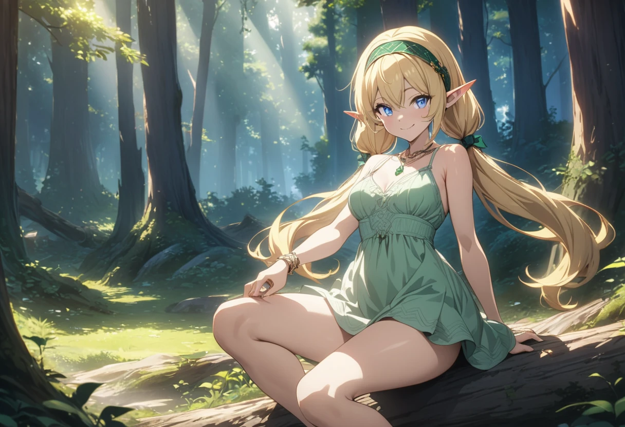 ((blonde hair)), highly detailed face and eyes, (long twintails), jewelry hairband, long pointy ears, anime, masterpiece, textured skin, (super detail), award winning, (best quality), elf, in forest, Sunbeams filtering through the trees, (yellow dress), whole body, beautiful legs, short sword, tsurime, blue eyes, happy, smile, Putting on a ring, green emerald necklace