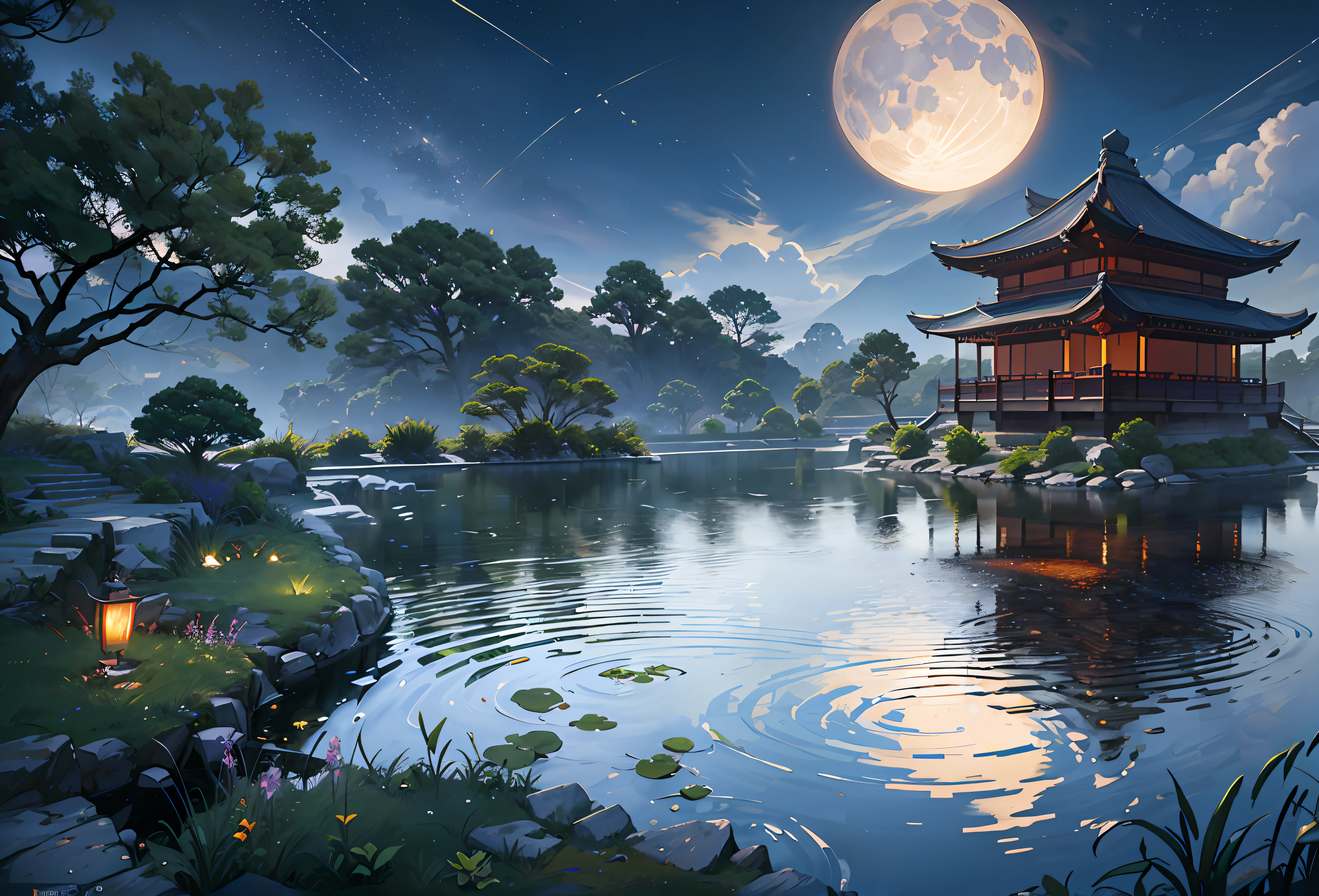 Ancient Chinese architecture, Cool colors, Night, moon, garden, bamboo, lake, Stone Bridge, rockery, arch, corner, Tree, Tap water, landscape, outdoor, Fall, Grass, rock, Dental density, (illustration: 1.0) , Epic Composition, High-resolution details, masterpiece, best quality, (Very detailed CG Unity 8k wallpaper) - At 6 o'clock