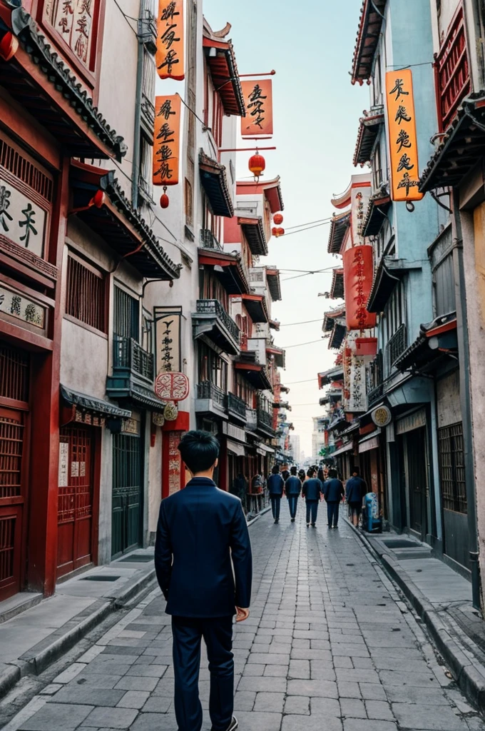 chinese anime boy with chinatown behind