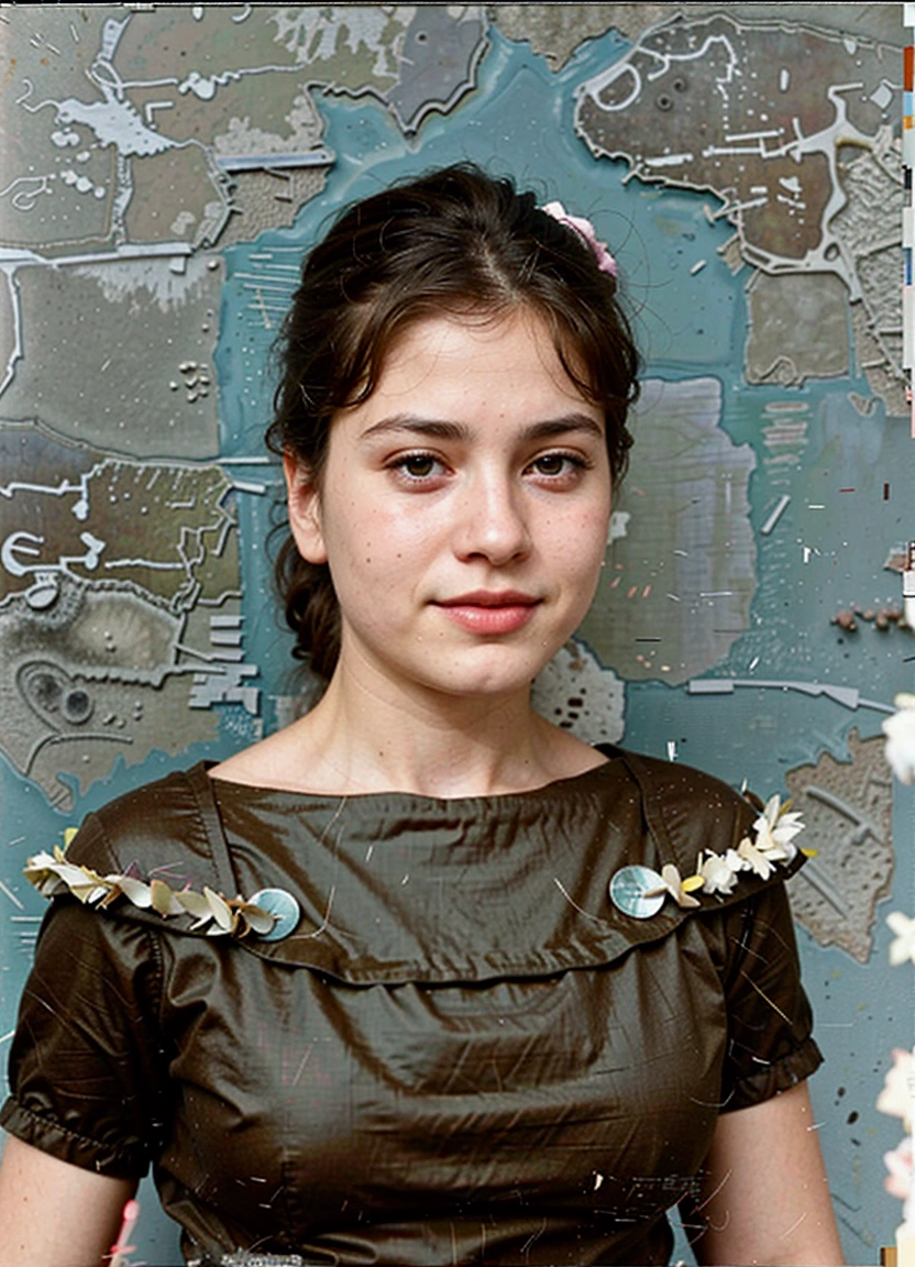 arafed photo of a young girl in a brown dress, a colorized photo, color restoration, colored photo