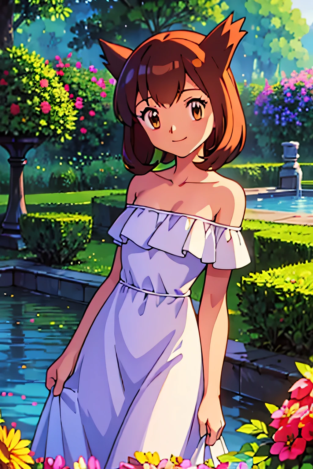 masterpiece, best quality, ultra-detailed, illustration, beautiful detailed eyes, very detailed illustration, cinematic lighting, 1 girl, solo, Pokemon Heroes (Bianca), Brown Hair, brown eyes, bare shoulders, strapless, off shoulders, white ruffle off the shoulder top, white maxi dress, intricate details, sharp focus, high resolution, the background of beautiful garden with a forest of flowers, at sunrise, smile, standing near a water pool on the bottom, arms behind back, anime style, ultra-detailed, hdr, far at the bottom, in the center, Close up