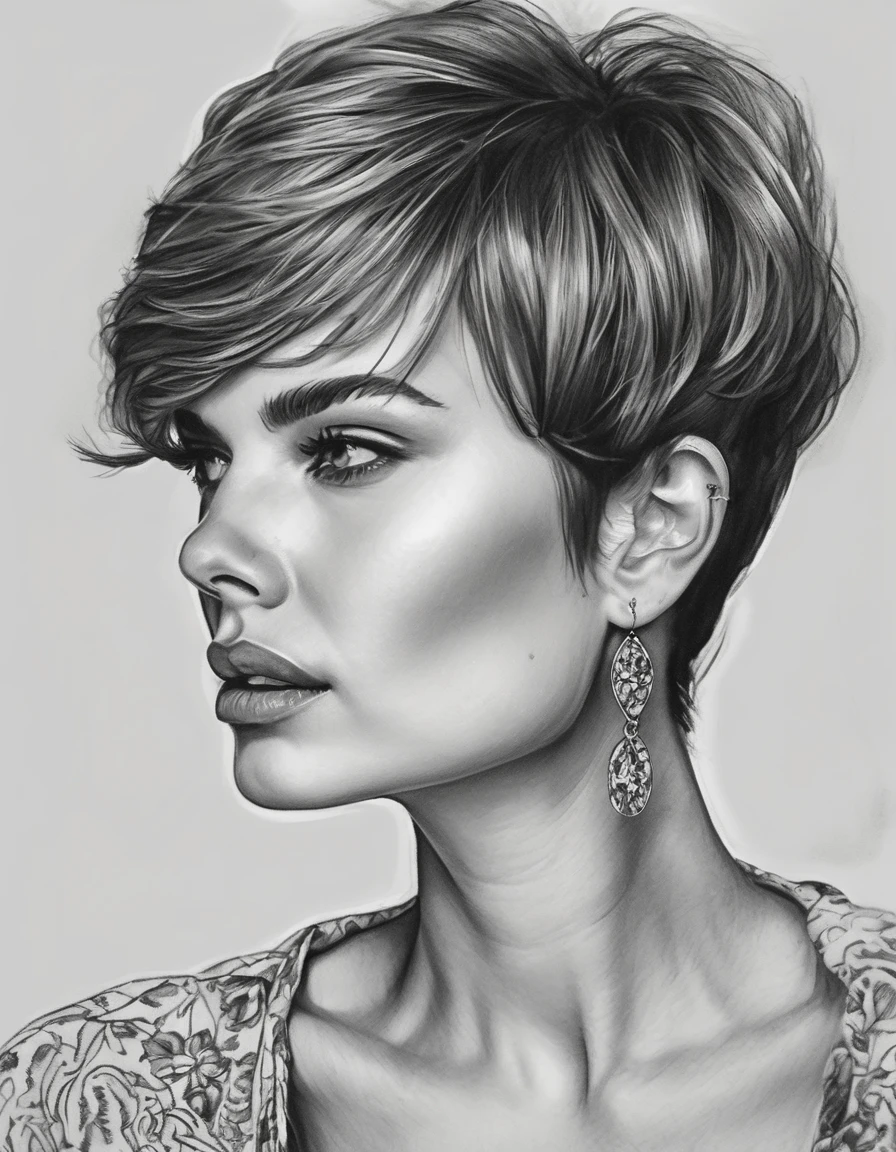 a drawing of a woman with short hair and earrings, detailed beauty portrait, detailed beautiful portrait, realistic pencil drawing, extremely detailed woman, elegant digital painting, detailed woman, detailed illustration portrait, epic portrait illustration, stunning drawing, beautiful drawing style, beautiful beautiful digital art, Bela arte UHD 4K, realistic sketch, elegant drawing, high quality sketch art