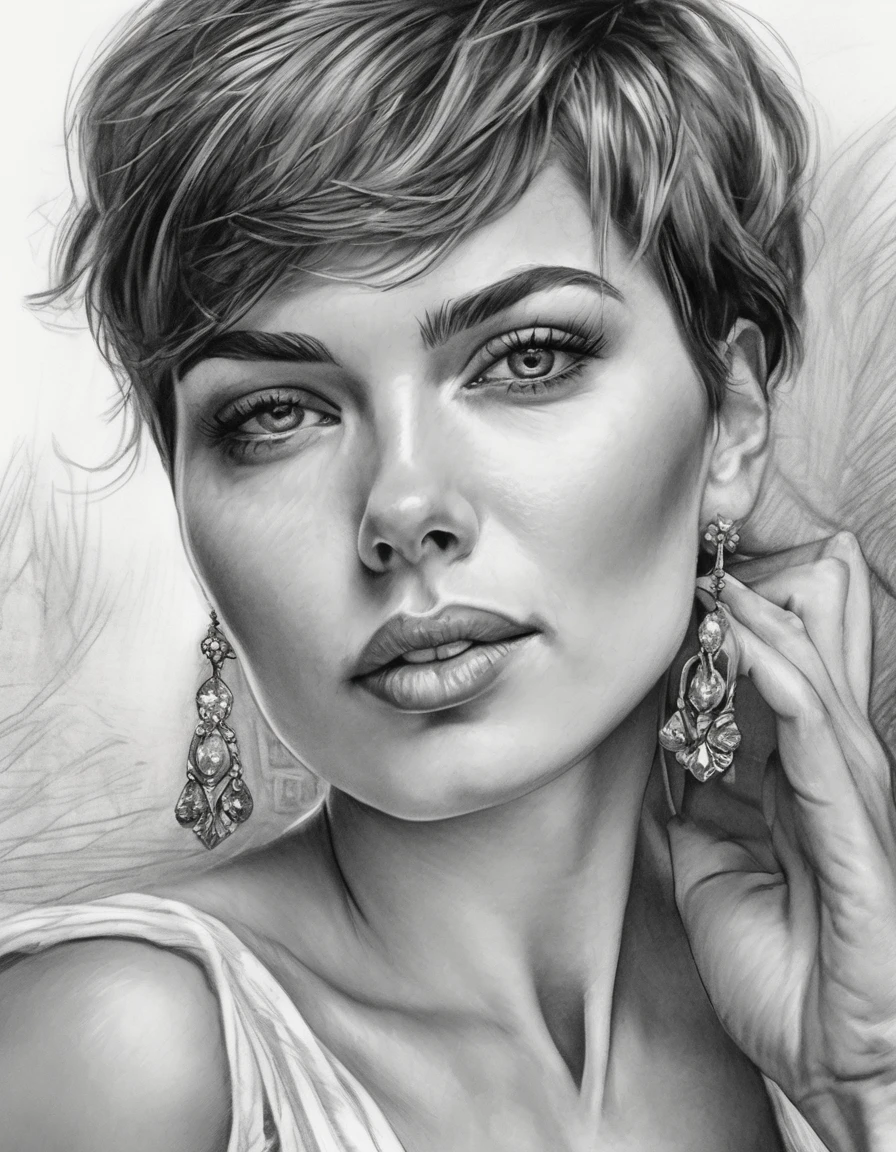 a drawing of a woman with short hair and earrings, detailed beauty portrait, detailed beautiful portrait, realistic pencil drawing, extremely detailed woman, elegant digital painting, detailed woman, detailed illustration portrait, epic portrait illustration, stunning drawing, beautiful drawing style, beautiful beautiful digital art, Bela arte UHD 4K, realistic sketch, elegant drawing, high quality sketch art