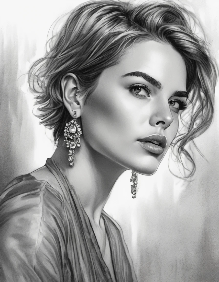 a drawing of a woman with short hair and earrings, detailed beauty portrait, detailed beautiful portrait, realistic pencil drawing, extremely detailed woman, elegant digital painting, detailed woman, detailed illustration portrait, epic portrait illustration, stunning drawing, beautiful drawing style, beautiful beautiful digital art, Bela arte UHD 4K, realistic sketch, elegant drawing, high quality sketch art