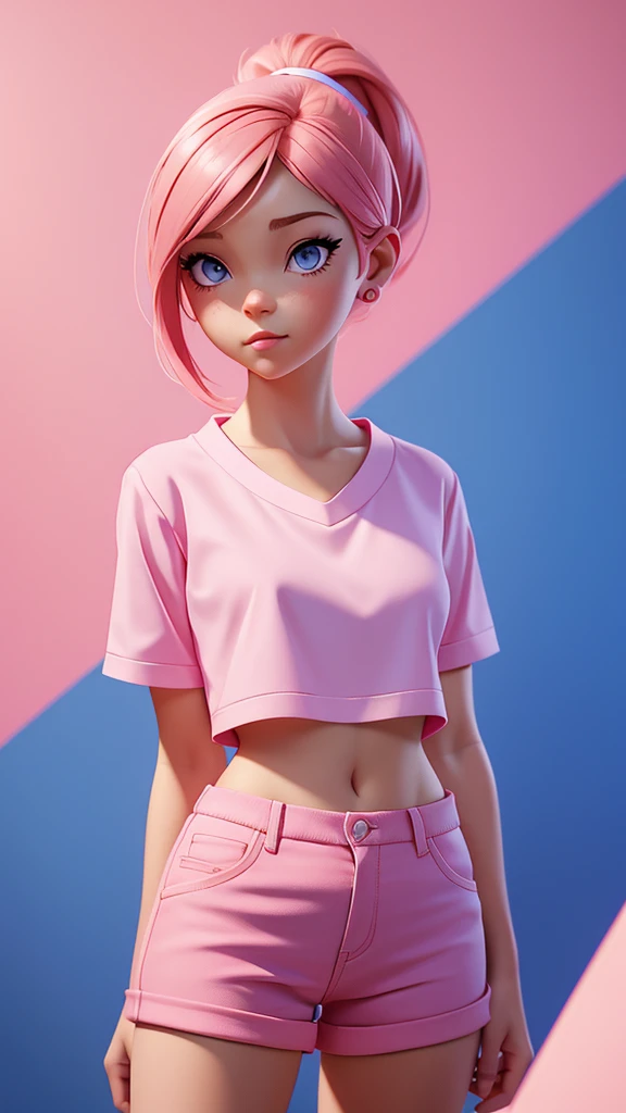 a closeup of a woman wearing a pink shirt and blue shorts, una pintura digital de Ilya Kuvshinov, cgsociety contest winner, digital art, realistic painting cute girl, pink girl, beautiful digital painting, digital art Ilia Kuvshinov, Ilia Kuvshinov. 4k, beautiful digital painting, Bright digital painting, beautiful character painting
