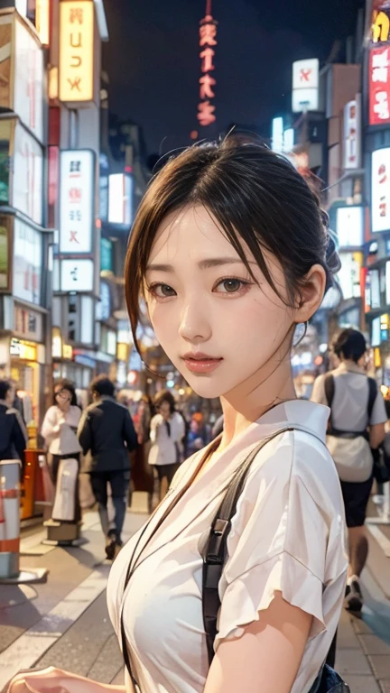 One girl, Tokyo Street,night, Cityscape,City lights, Upper Body,close, 8K, RAW Photos, Highest quality, masterpiece,Realistic, photo-Realistic,