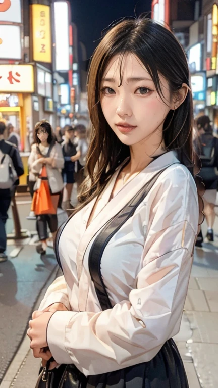 One girl, Tokyo Street,night, Cityscape,City lights, Upper Body,close, 8K, RAW Photos, Highest quality, masterpiece,Realistic, photo-Realistic,