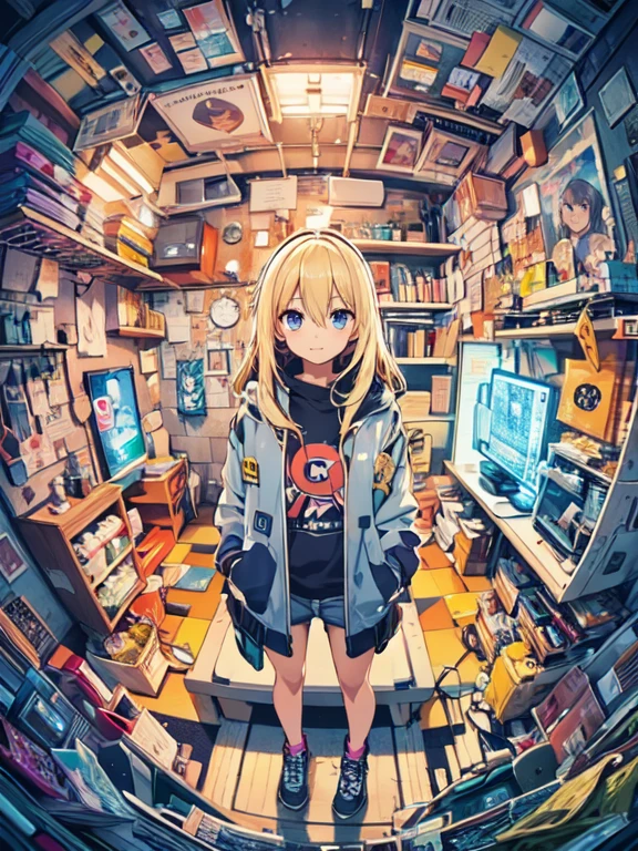 High-definition digital art featuring a rich, vibrant color palette and detailed depiction of a room filled with various items and decorations BREAK A fish-eye lens perspective centered on the character, providing a wide-angle view of the room and its contents BREAK A youthful character with blonde hair and blue eyes, wearing a casual jacket with a graphic design, standing confidently with hands in pockets BREAK An eclectic, densely packed bedroom filled with tech gadgets, posters, and colorful lights, giving off a cozy yet dynamic gamer's paradise vibe.