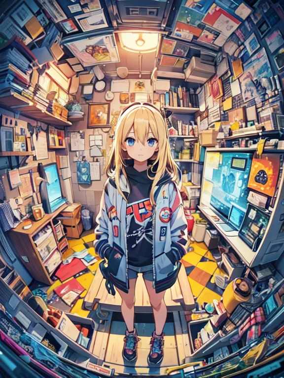 High-definition digital art featuring a rich, vibrant color palette and detailed depiction of a room filled with various items and decorations BREAK A fish-eye lens perspective centered on the character, providing a wide-angle view of the room and its contents BREAK A youthful character with blonde hair and blue eyes, wearing a casual jacket with a graphic design, standing confidently with hands in pockets BREAK An eclectic, densely packed bedroom filled with tech gadgets, posters, and colorful lights, giving off a cozy yet dynamic gamer's paradise vibe.