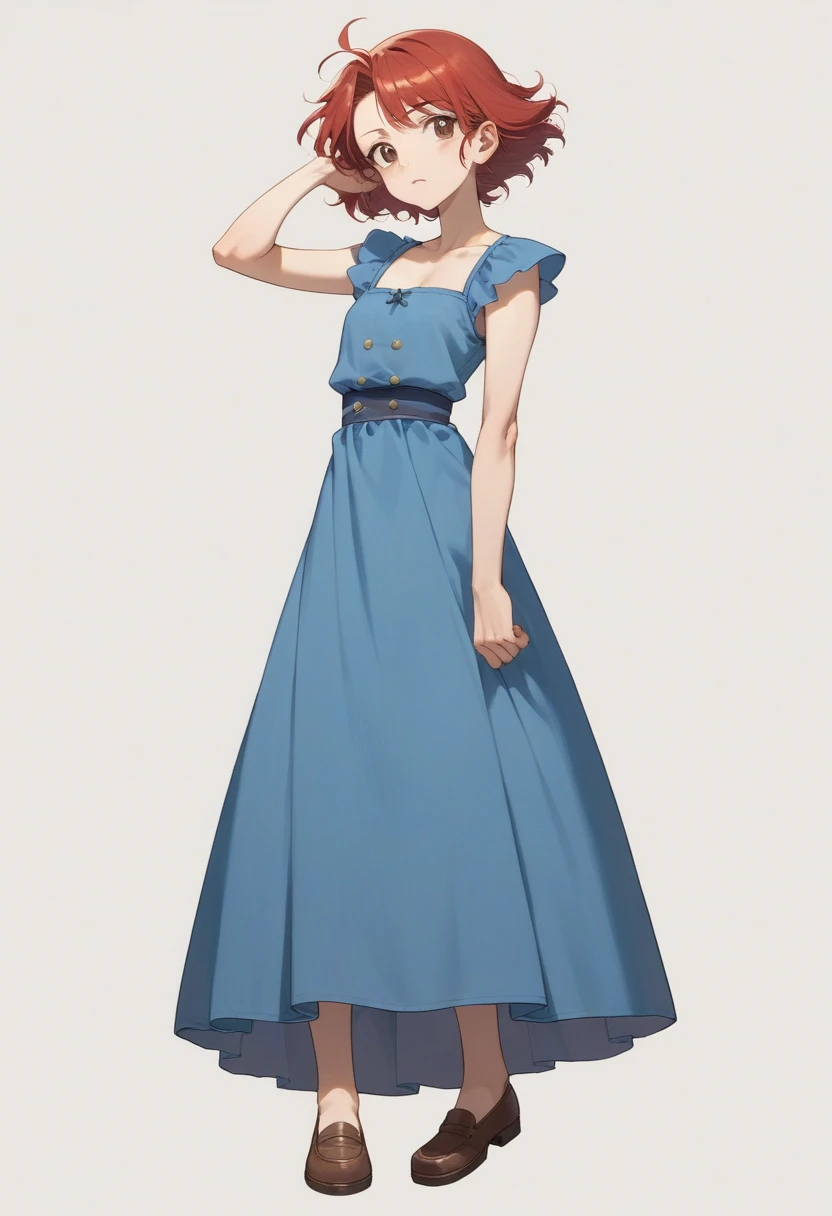 cartoon girl in blue dress with red hair and brown shoes, kinmoza!, yayoi kasuma, inspired by Junpei Satoh, ness from earthbound, fujita goro!, safebooru anime image, marin kitagawa fanart, female protagonist 👀 :8, inspired by Un'ichi Hiratsuka, rei hiroe, anime girl named lucy