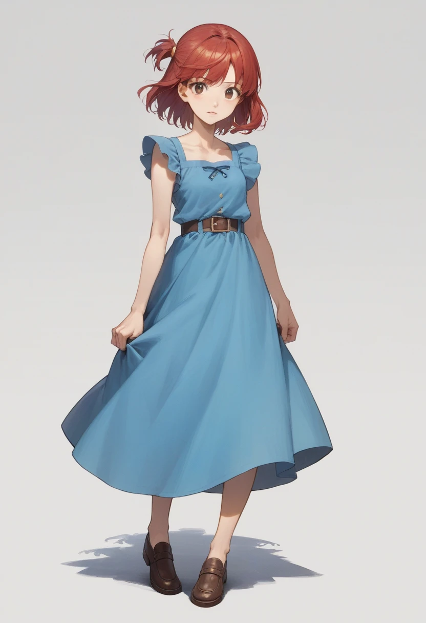 cartoon girl in blue dress with red hair and brown shoes, kinmoza!, yayoi kasuma, inspired by Junpei Satoh, ness from earthbound, fujita goro!, safebooru anime image, marin kitagawa fanart, female protagonist 👀 :8, inspired by Un'ichi Hiratsuka, rei hiroe, anime girl named lucy