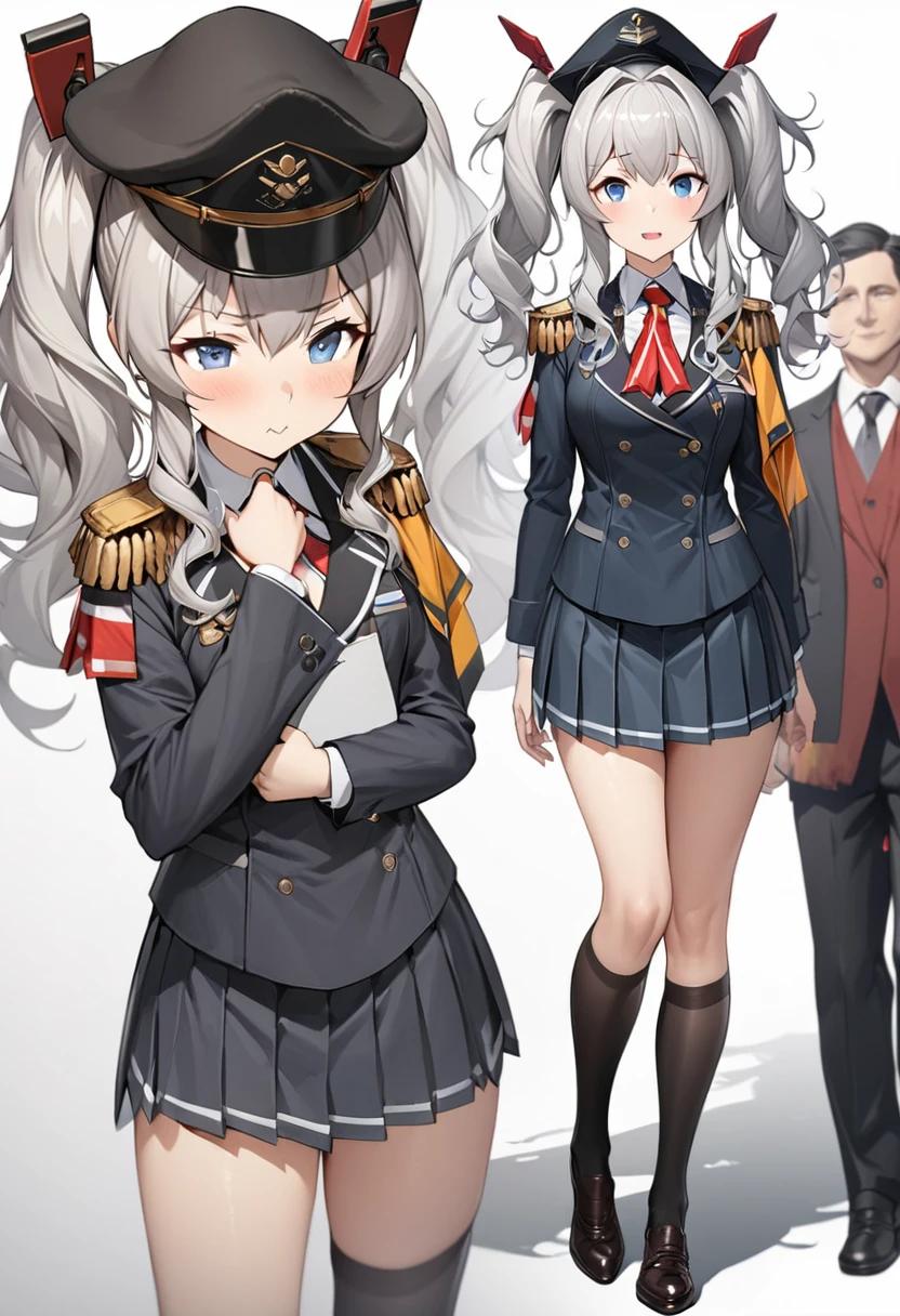 (Highest quality,Extremely detailed depiction,Incredibly absurd high resolution,Anatomically accurate depiction),1girl, solo focus, (full body shot:1.1), (kashima /(kancolle/):1.2),Pleated skirt,Black knee-high socks,Blue Eyes,Loosely wavy silver hair,Black Hat,Outfitting,Twin tails,Formal uniform with epaulettes,