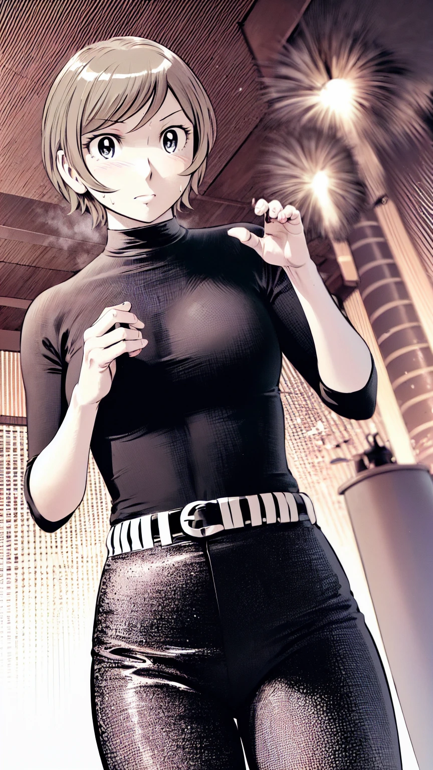 (野球uniform:1.2),
blonde, (short hair:1.2),Long sleeve, Black Shirt, turtleneck,White trousers、uniform、Black belt、((Illustration of a person))、big 、Muddy、Soil stains、ドロドロのuniform、
View your audience,, (Highest quality:1.3),One Girl, White pants、uniform、Outdoor、baseball ground、ground、soil、blue eyes、Tight black shirt、(masterpiece、Highest quality)、Highest quality, Ultra-high resolution, (((masterpiece))), alone, Sweat、big eyes、big Breasts、Torn clothes、 Fully exposed、Nipples、One Girl, Front view、Embarrassed face、Bronze colored hair、((short hair))、Stand up straight、Cowboy Shot